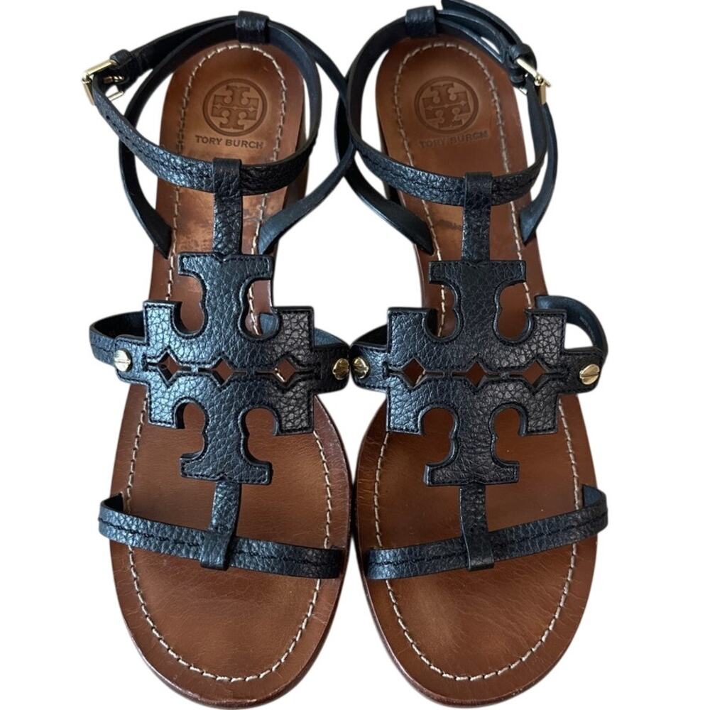 Tory Burch Chandler Block Heel Sandals Black Leather 9.5